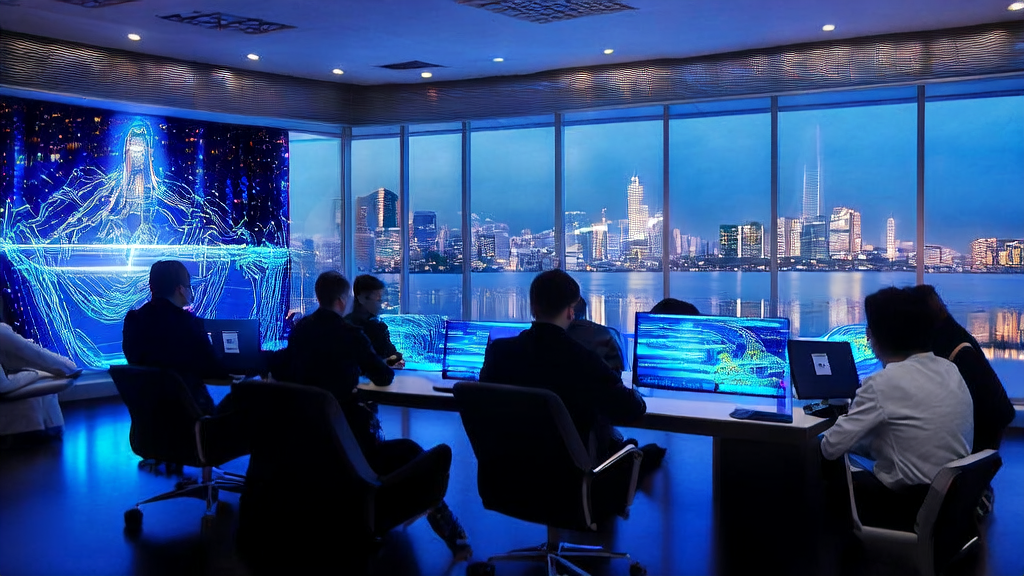 A high-tech office where programmers are using AI to optimize email marketing strategies for cross-border commerce, preparing for the collaboration between Foxconn and OpenAI.