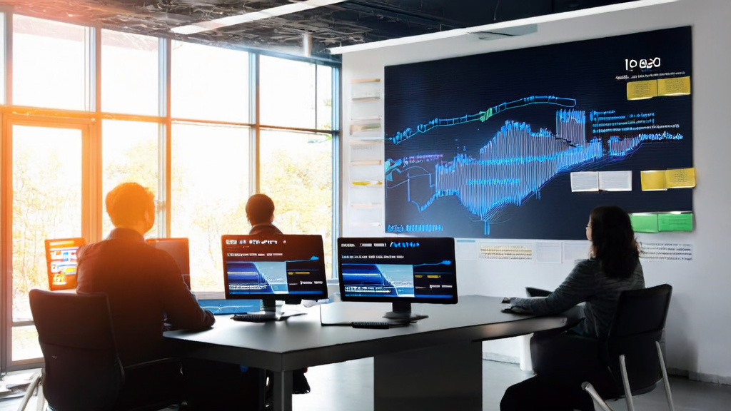 A modern office bathed in sunlight, where employees are using Manus AI to discuss and optimize high-conversion email marketing strategies.