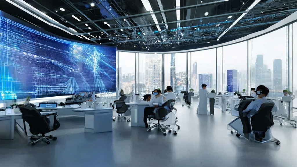 未来城市的跨境电商办公室，展示AI技术如何实现低成本高效获客