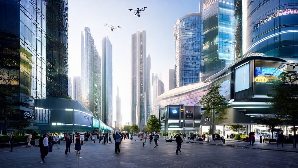 Scene of AI-enabled personalized marketing in a futuristic city