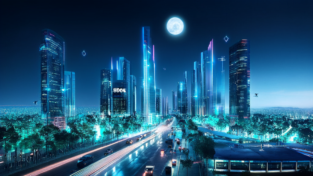未来城市的夜景，展示AI技术如何赋能精准获客，数据流和智能设备构成现代科技的画卷