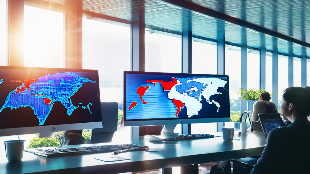 阳光下的现代化办公室，员工们正在使用AI邮件润色工具进行跨境电商邮件营销