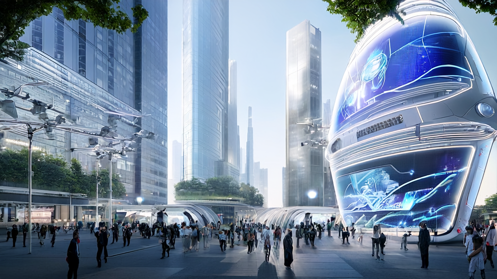 未来城市的街头景象，展示AI智能获客系统的应用