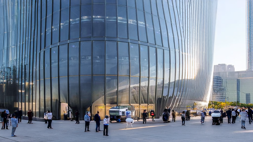 In front of a modern cross-border e-commerce building in a futuristic city, engineers are adjusting an AI-powered guide dog "Xiaosuan," showcasing the new trends of AI technology helping cross-border e-commerce break through growth bottlenecks in 2025.