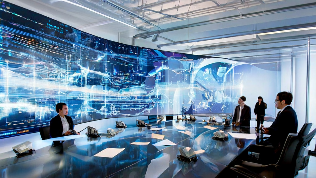 未来办公室中工程师们使用AI智能获客系统优化邮件营销，墙上挂着一张通过Gaga AI技术变身成电影大片的照片