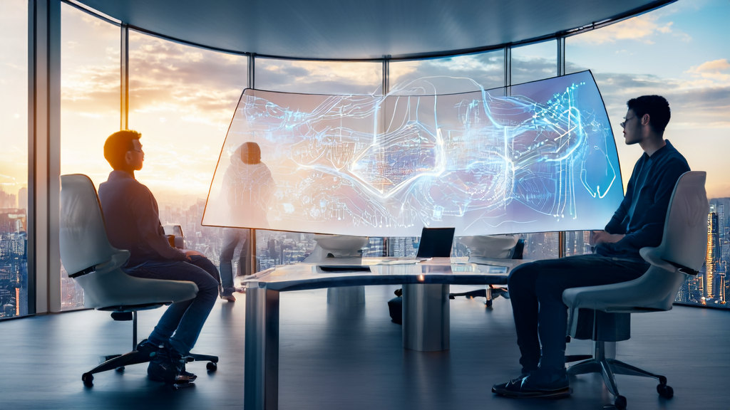 四位创业者在现代办公室中使用AI智能获客系统分析数据，窗外是繁华的城市天际线。