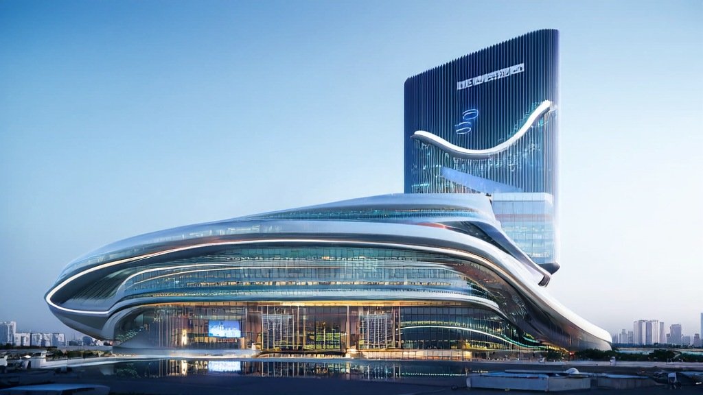 A modern standalone building in a futuristic city, showcasing AI technology applications in cross-border e-commerce, including smart screens and robotic arm operations.
