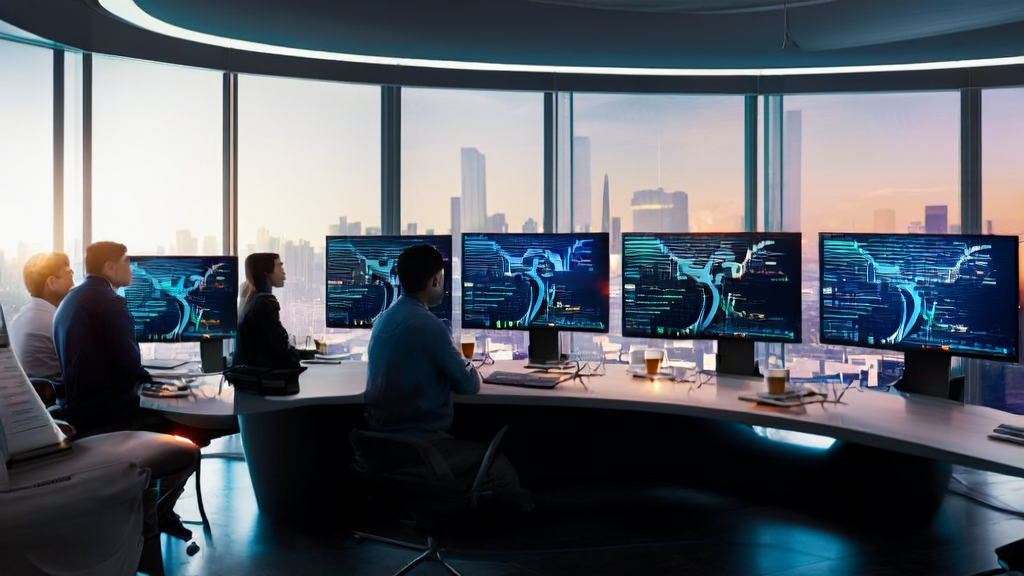 A team of programmers in a high-tech office using the open-source framework DeerFlow and Quora platform for AI-based customer acquisition analysis