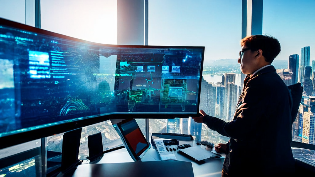 In a futuristic office, an entrepreneur uses Alibaba's ZeroSearch technology and LinkedIn customer resources for efficient customer acquisition.