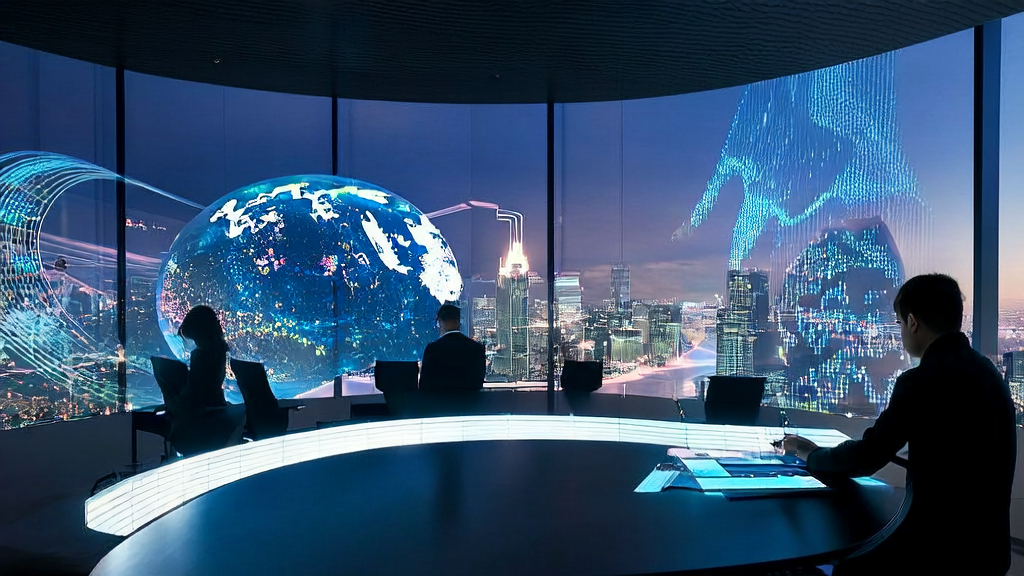 In a futuristic office, entrepreneurs are using AI technology for cross-border e-commerce email marketing, with screens displaying global market data.