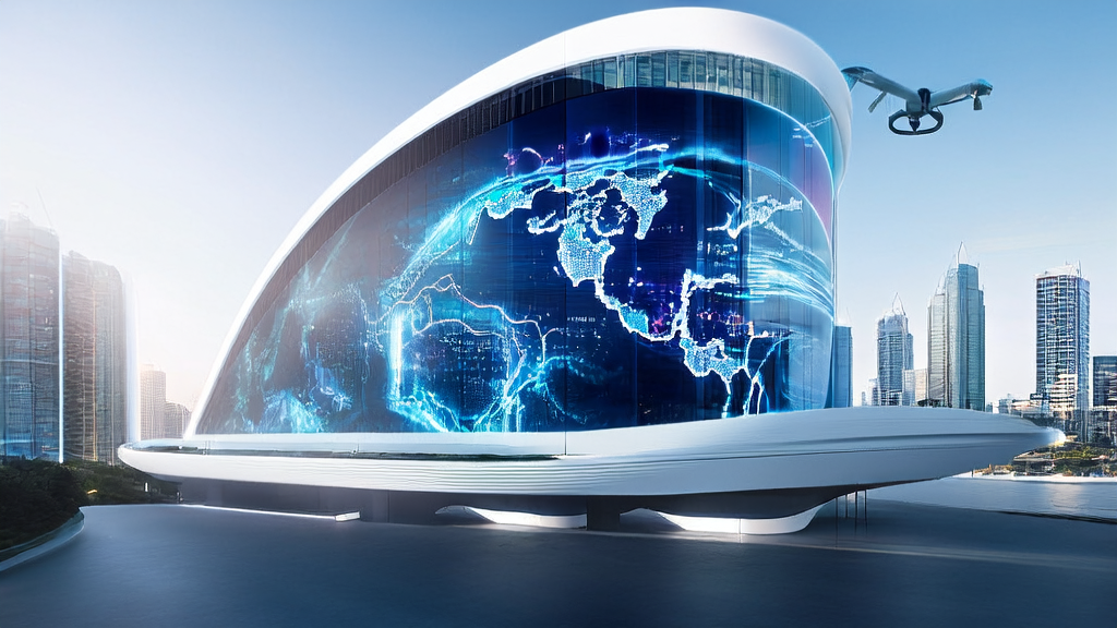 A futuristic office scene of a cross-border e-commerce company using AI technology for precise customer acquisition and efficient management in 2025