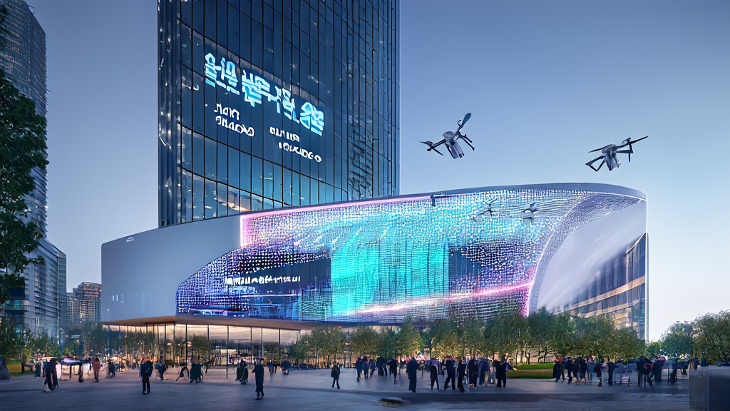 In a futuristic city skyline, a team in a modern independent site office is busy with AI keyword optimization, while news notifications about the AI cheating scandal at a Korean university pop up nearby.