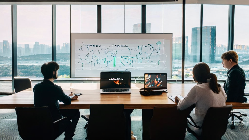 Entrepreneurs discussing AI-driven customer acquisition trends in an office, utilizing AI technology and the “one-sentence video creation“ feature to overcome growth bottlenecks in cross-border e-commerce.