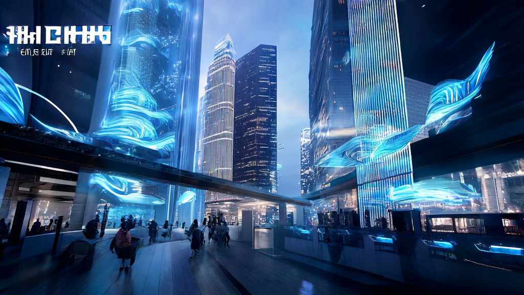 A large screen in a futuristic city displays 3D animations generated by Tencent HY-Motion1.0, drawing the attention of passersby.