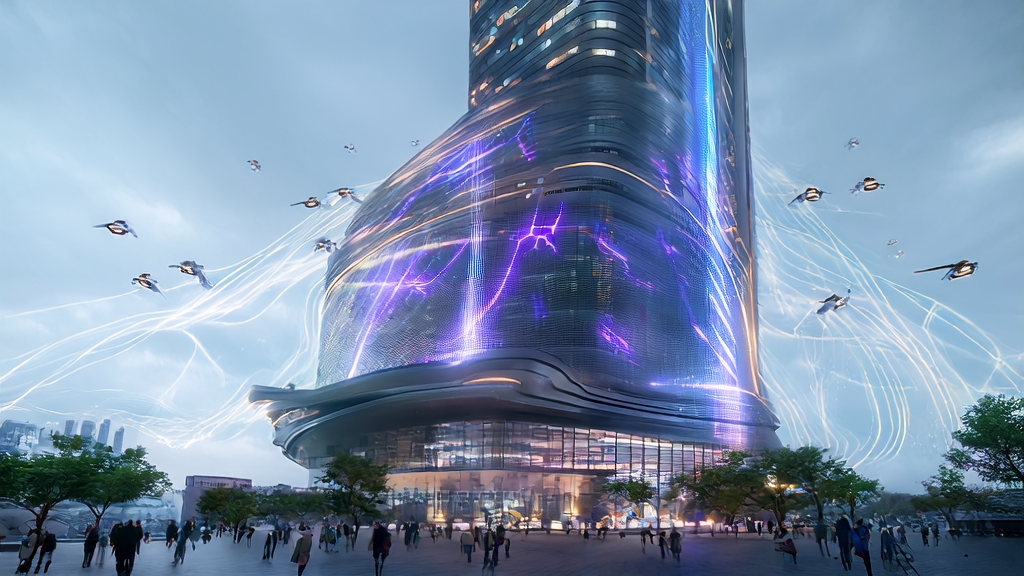 未来城市中的AI聚合网关，展示着全球实时数据流和无人驾驶飞机传递商业信息的高科技建筑