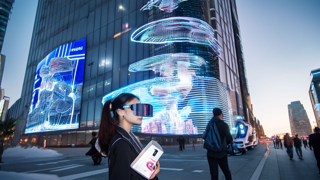 佩戴阿里夸克AI眼镜的年轻女性在未来的城市中浏览个性化广告