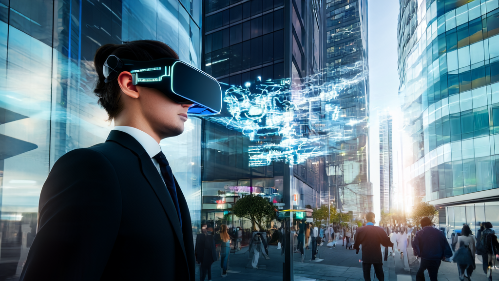 A business person wearing VIVE Eagle AI glasses interacts with a virtual assistant on a busy street in a futuristic city.