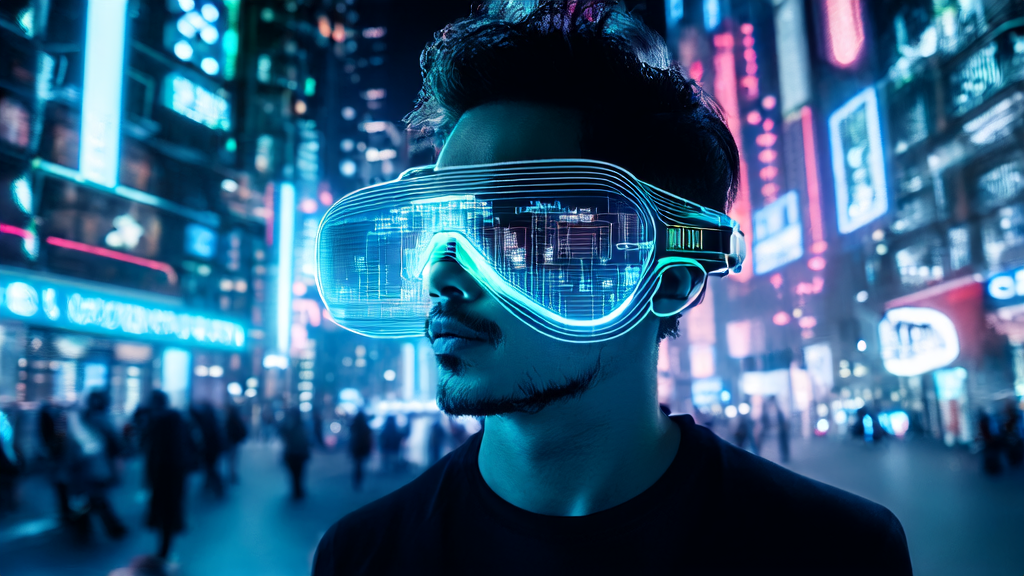 Young entrepreneur wearing AI glasses receiving personalized customer recommendations in a bustling street