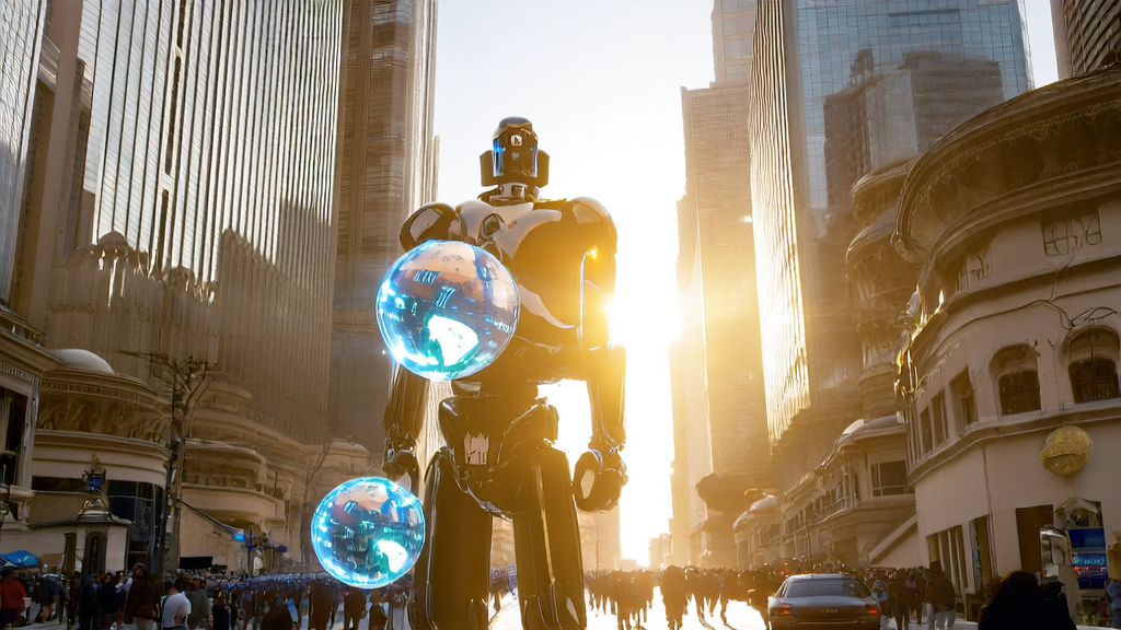 Modern office buildings and an AI robot model in a Middle Eastern city, symbolizing the application of AI technology in global markets