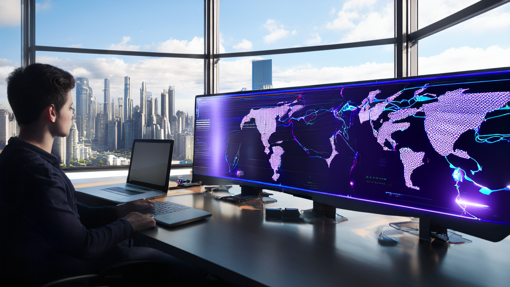 未来的办公室中，创业者使用AI邮件自动化工具处理跨境电商邮件，并展示英伟达发布的自动驾驶AI模型Alpamayo-R1。