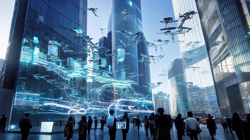 A futuristic scene showcasing AI applications in cross-border commerce in 2025, featuring multilingual ads, smart devices, and drone deliveries.