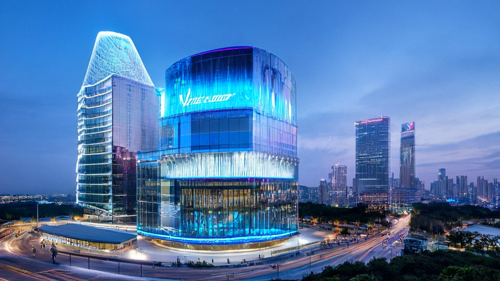 Modern office building in a futuristic city showcasing AI customer acquisition technologies and the release of the Large Model Security White Paper at Wuzhen Summit