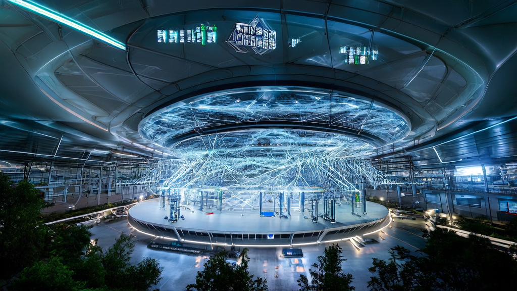 A futuristic logistics center with intelligent robots working diligently, showcasing how AI technology optimizes ad placements and reduces customer acquisition costs