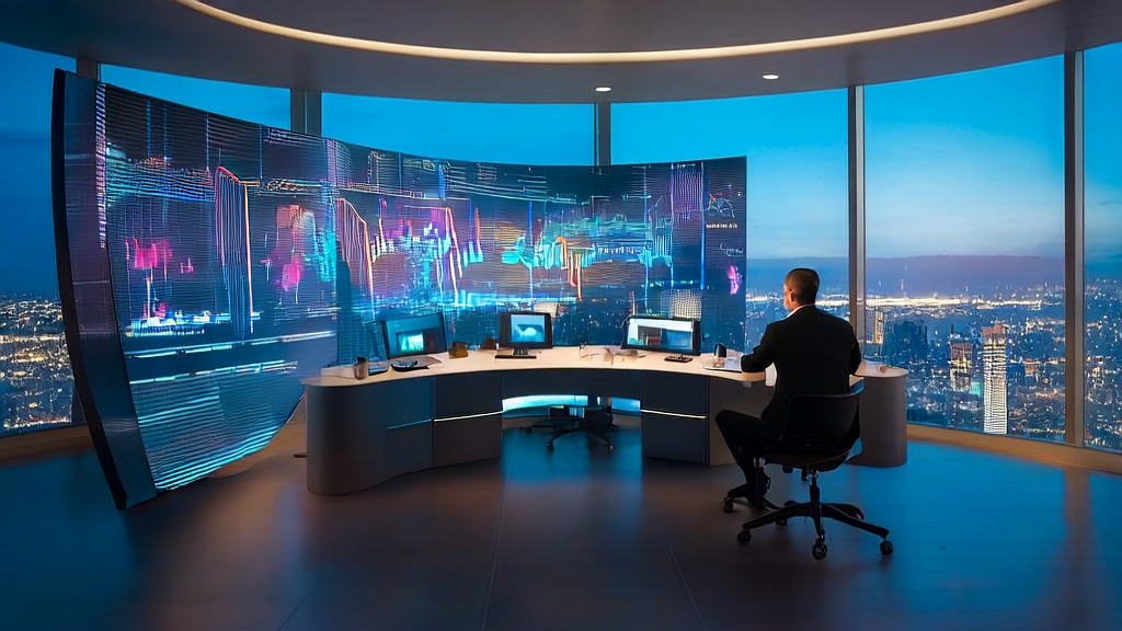 Businessman in a modern office using AI technology for customer acquisition and cybersecurity management