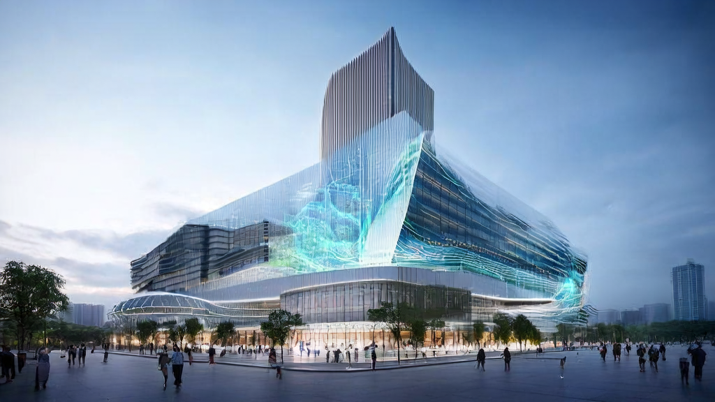 Headquarters of PixVerse in a futuristic city, showcasing AI guest acquisition and intelligent advertising