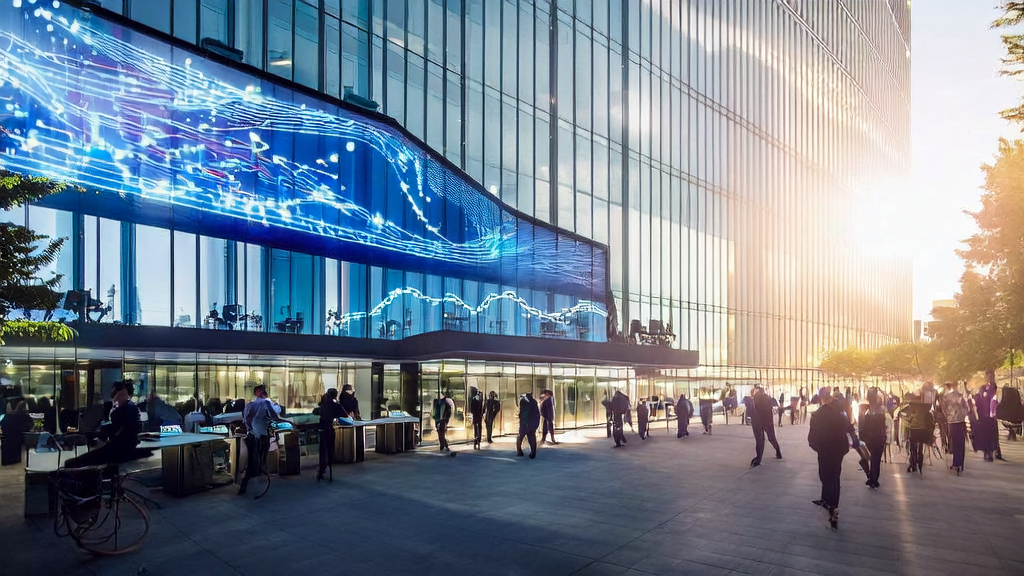 阳光下的现代化办公大楼展示AI智能获客系统在跨境电商独立站中的应用