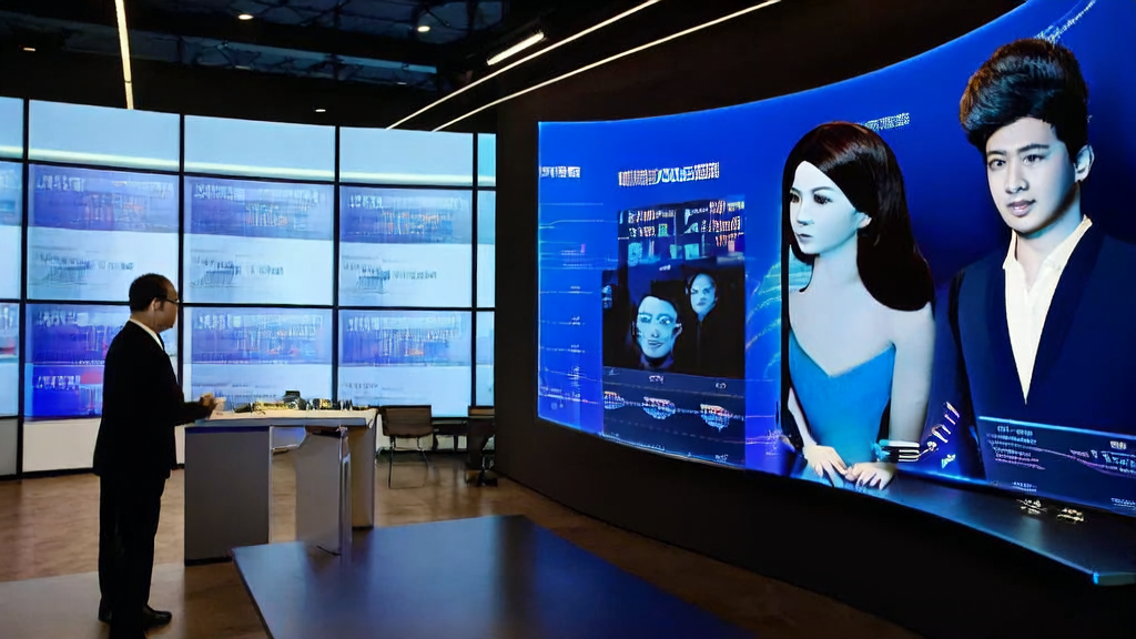 A foreign trade company executive conducts a video conference with overseas clients using the Chimeras digital person platform by Volcano Engine, showcasing products and receiving real-time customer feedback.