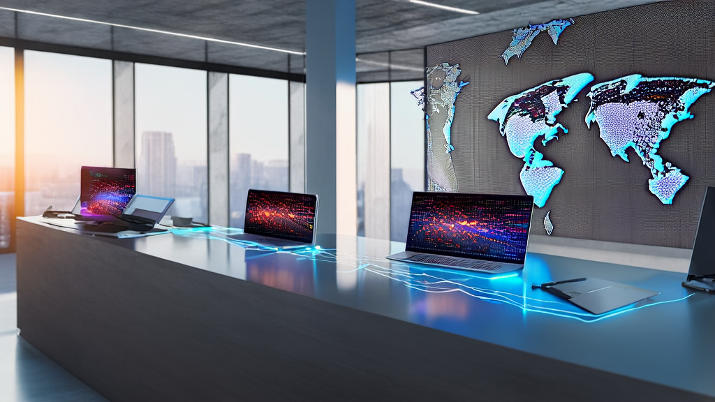 展示AI优化邮件营销技术的现代办公室场景，强调全球化和数字化融合