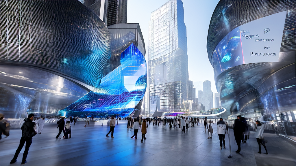 Innovative AI guest acquisition showcased in a futuristic city: OpenArt's “One-Click Story“ feature attracts passersby