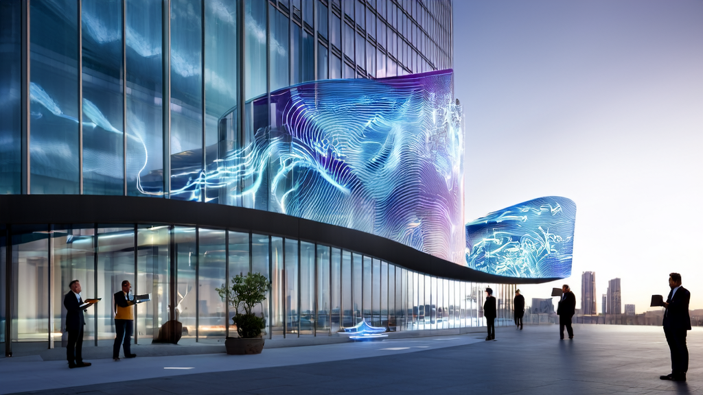 未来城市的高楼大厦前，开发者们热烈讨论AI获客方案，大屏幕展示ChatGPT新功能开发进展
