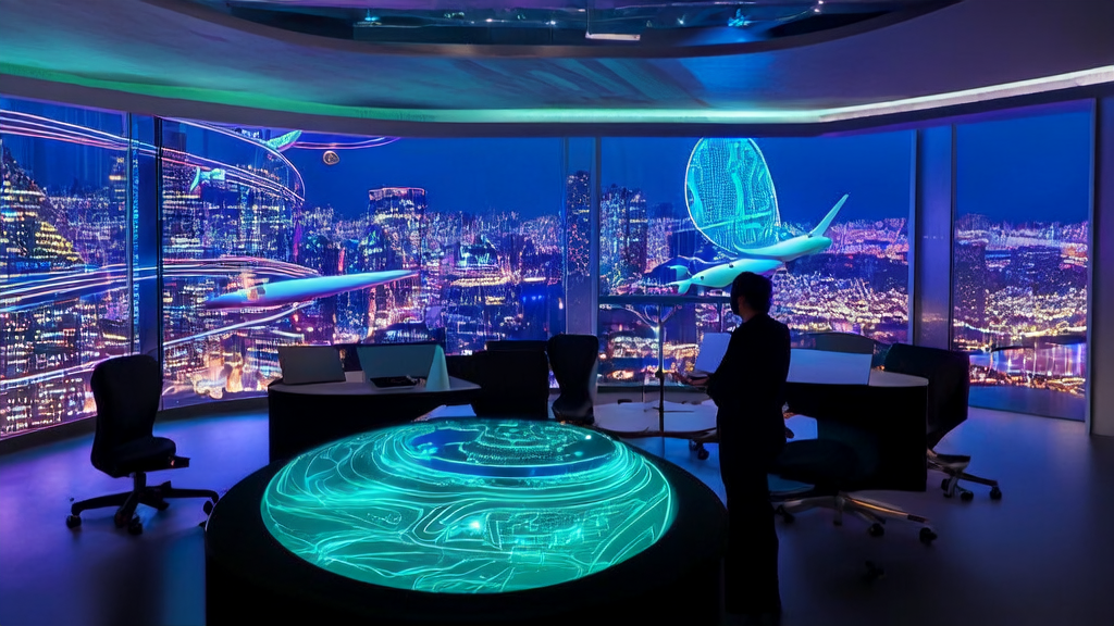 未来办公室中,CEO使用AI形象Mico进行精准获客分析,展示2025年跨境电商的新趋势。