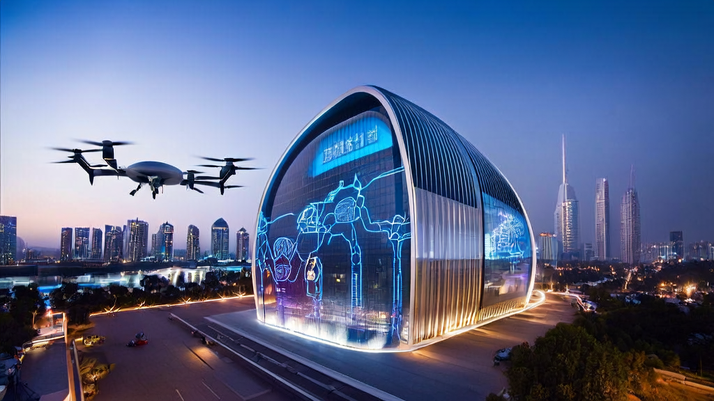 Professionals gathered around a transparent screen discussing AI-driven customer acquisition strategies, with a futuristic city skyline in the background