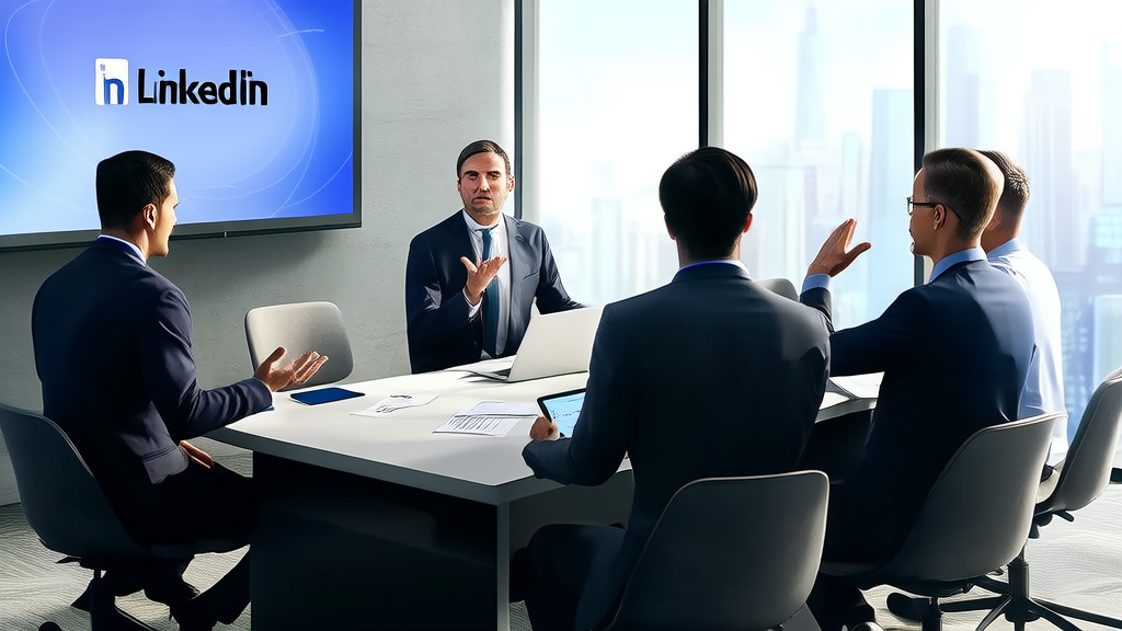 Tech experts discussing Ant Group's “Plan A“ project and AI guest acquisition strategies on LinkedIn in a modern meeting room