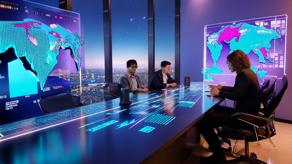 Young entrepreneurs discussing AI customer acquisition software integrated with LinkedIn in a tech-filled office, with a backdrop of a bustling city night view.