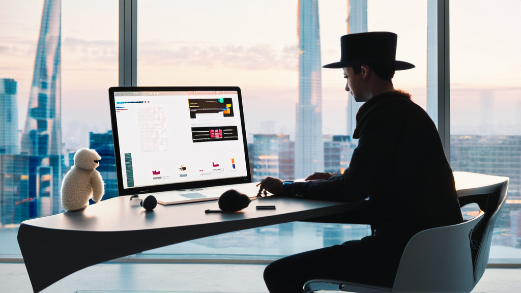 In a futuristic office, an entrepreneur uses AI email polishing tools and MiniMax Speech-02 to enhance cross-border marketing efficiency.