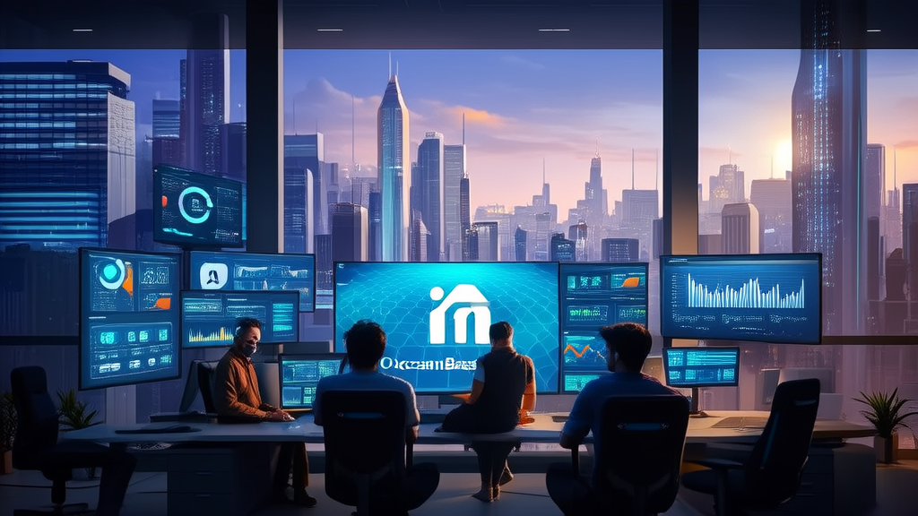 Entrepreneurs in a modern office analyzing LinkedIn customer data using AI technology, with the Ant OceanBase logo visible outside the window.