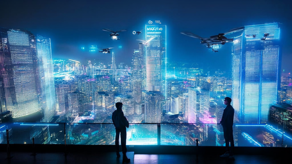 未来的城市中，一位创业者利用AI技术进行精准广告投放和客户获取，背景是高楼大厦和虚拟广告牌。