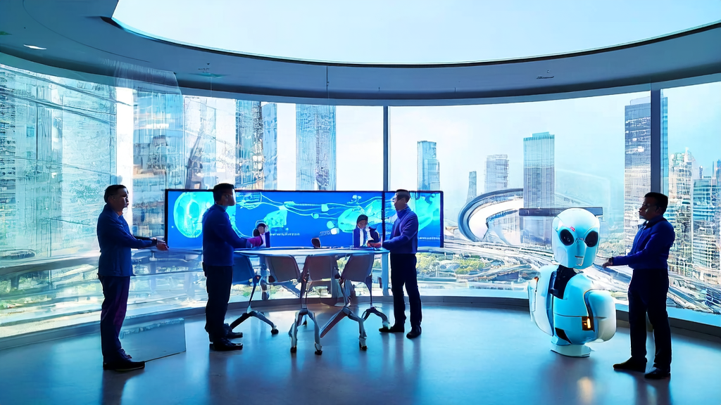 Tech team in a futuristic city discussing AI-driven customer acquisition using the Qwen VLo model