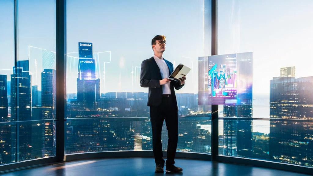 一位经理在现代化办公室中使用腾讯混元T1-Vision“元宝”分析LinkedIn产品图片，展示AI获客的新时代