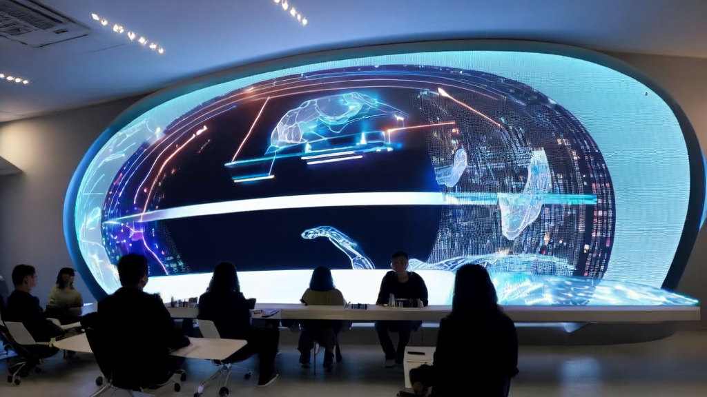 Programmers in a futuristic office using AI to generate personalized email templates