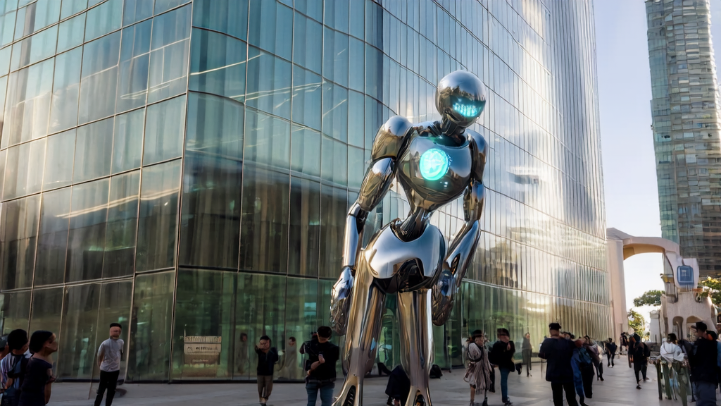 The "Embodied Avatar" robot by Unitree Tech is performing personalized ad delivery in a futuristic city, attracting many passersby.