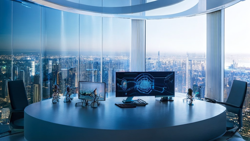 未来城市的高科技办公室中展示AI获客技术，包括智能电脑、MiniMax Speech-02设备模型和全球市场地图。