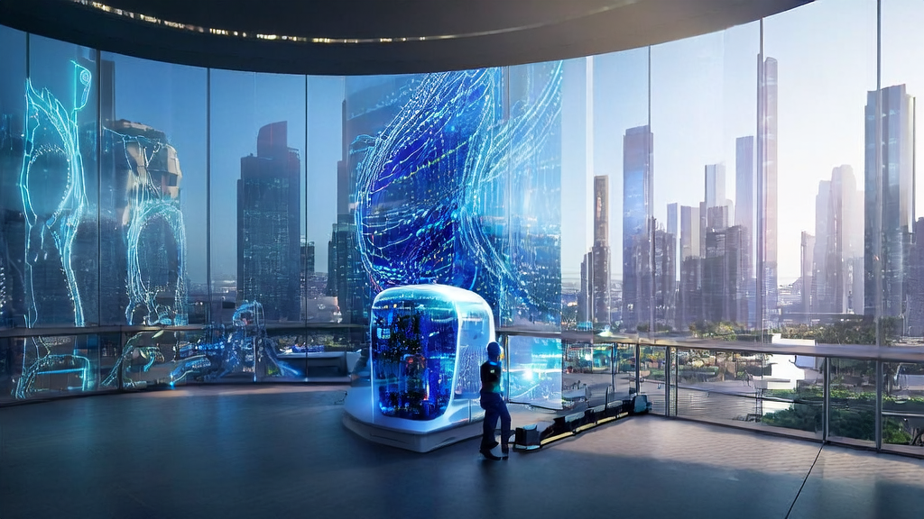 A cross-border e-commerce CEO using AI to optimize ad placement, assisted by a smart home robot Neo analyzing global market data in a futuristic city