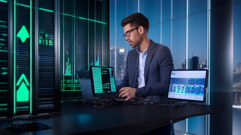 A young entrepreneur analyzing Quora data using AI acquisition tools, with a server symbolizing NVIDIA's technical support in the background