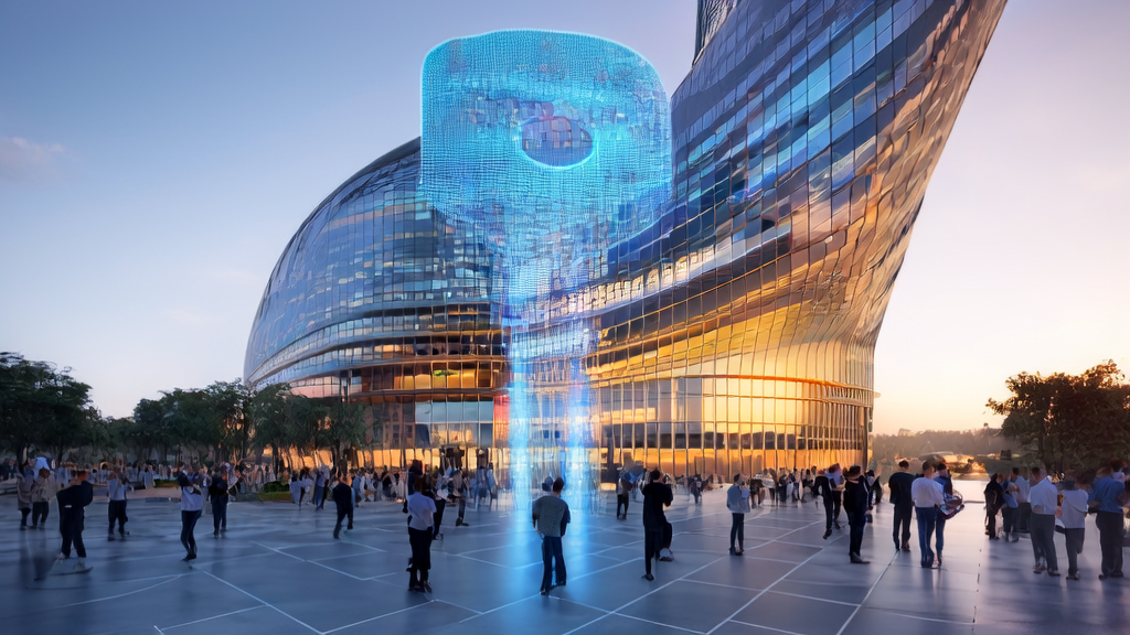 未来城市中的AI获客革命：人们在智能设备上互动，展示AI技术在B2B市场的广泛应用