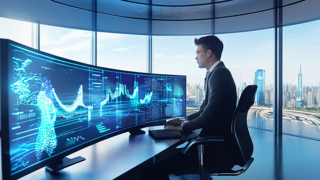 未来城市的办公楼中,市场经理使用微软Copilot AI优化广告投放策略